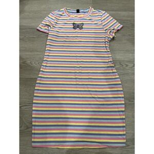 SHEIN Curve Pastel Multicolor Striped Ribbed Short Sleeve Butterfly Dress 1XL
